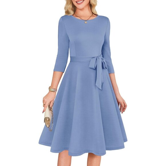 Women's Dusty Blue 3/4 Sleeve Vintage Flattering A-line Vintage Cocktail Dresses - Picture 1 of 5